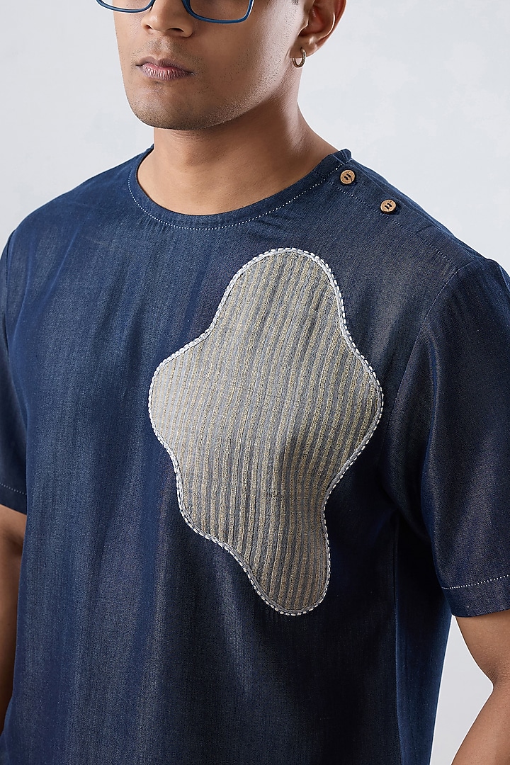 Dark Blue Tencel Denim Patchwork T-Shirt by Raw & Rustic by Niti Bothra Men at Pernia's Pop Up Shop