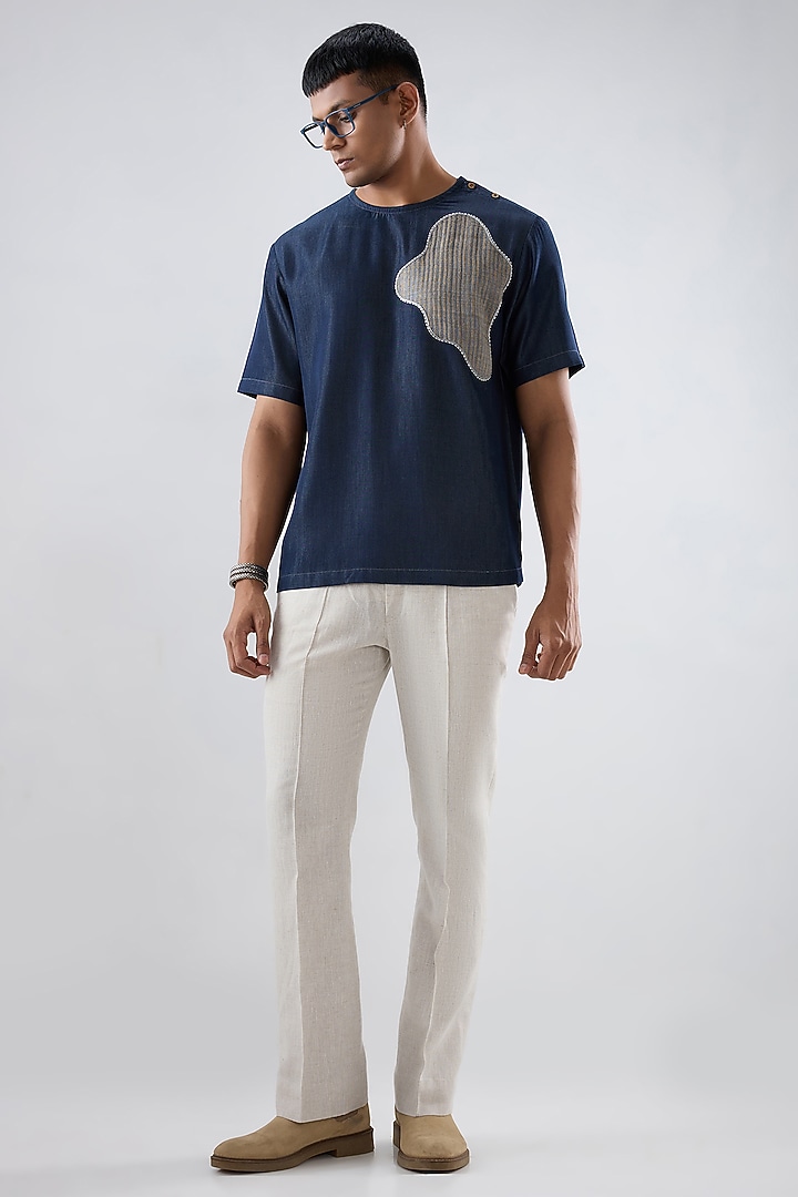 Dark Blue Tencel Denim Patchwork T-Shirt by Raw & Rustic by Niti Bothra Men at Pernia's Pop Up Shop