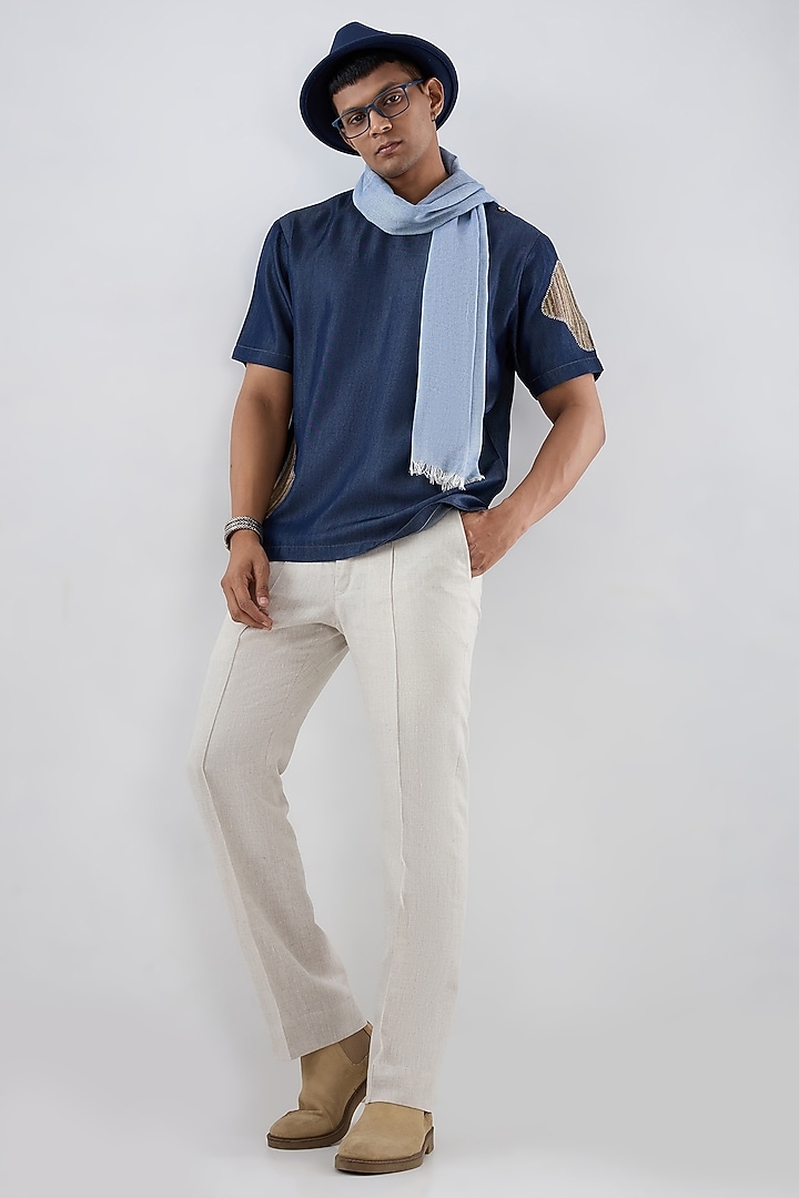 Dark Blue Tencel Denim Patchwork T-Shirt by Raw & Rustic by Niti Bothra Men at Pernia's Pop Up Shop