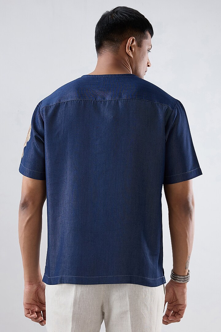 Dark Blue Tencel Denim Patchwork T-Shirt by Raw & Rustic by Niti Bothra Men at Pernia's Pop Up Shop