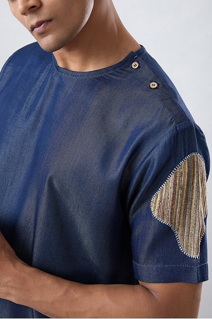 Dark Blue Tencel Denim Patchwork T-Shirt by Raw & Rustic by Niti Bothra Men at Pernia's Pop Up Shop