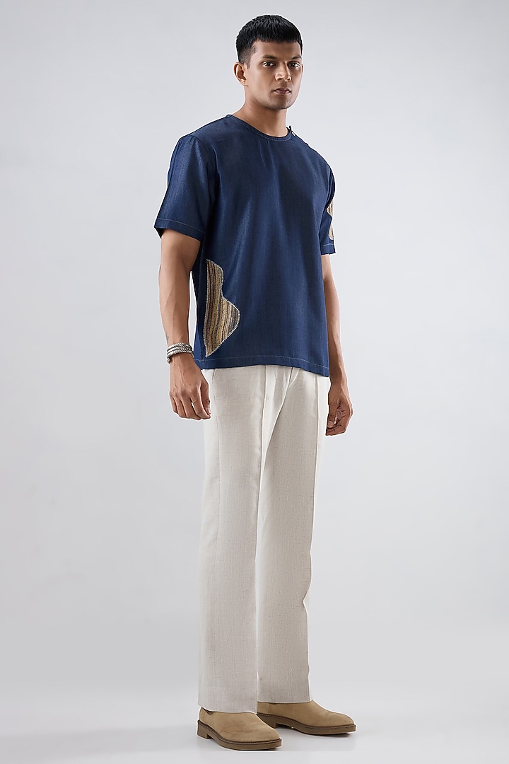Dark Blue Tencel Denim Patchwork T-Shirt by Raw & Rustic by Niti Bothra Men at Pernia's Pop Up Shop