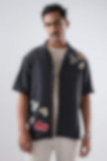 Black Tencel Denim Kantha Embroidered Summer Shirt by Raw & Rustic by Niti Bothra Men at Pernia's Pop Up Shop