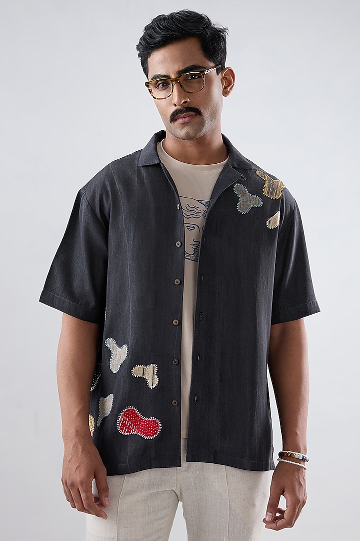Black Tencel Denim Kantha Embroidered Summer Shirt by Raw & Rustic by Niti Bothra Men at Pernia's Pop Up Shop