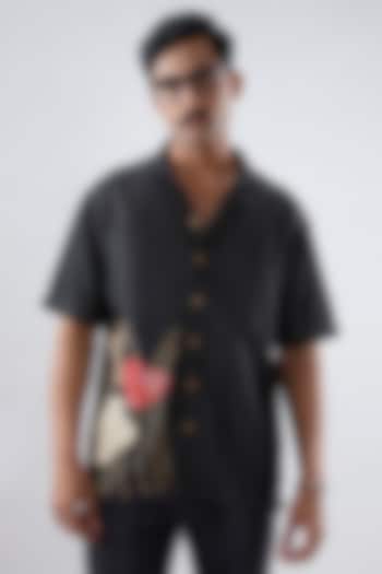 Black Tencel Denim Kantha Embroidered Summer Shirt by Raw & Rustic by Niti Bothra Men at Pernia's Pop Up Shop