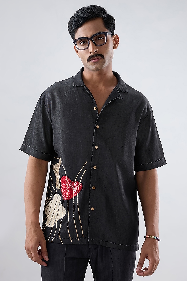 Black Tencel Denim Kantha Embroidered Summer Shirt by Raw & Rustic by Niti Bothra Men at Pernia's Pop Up Shop