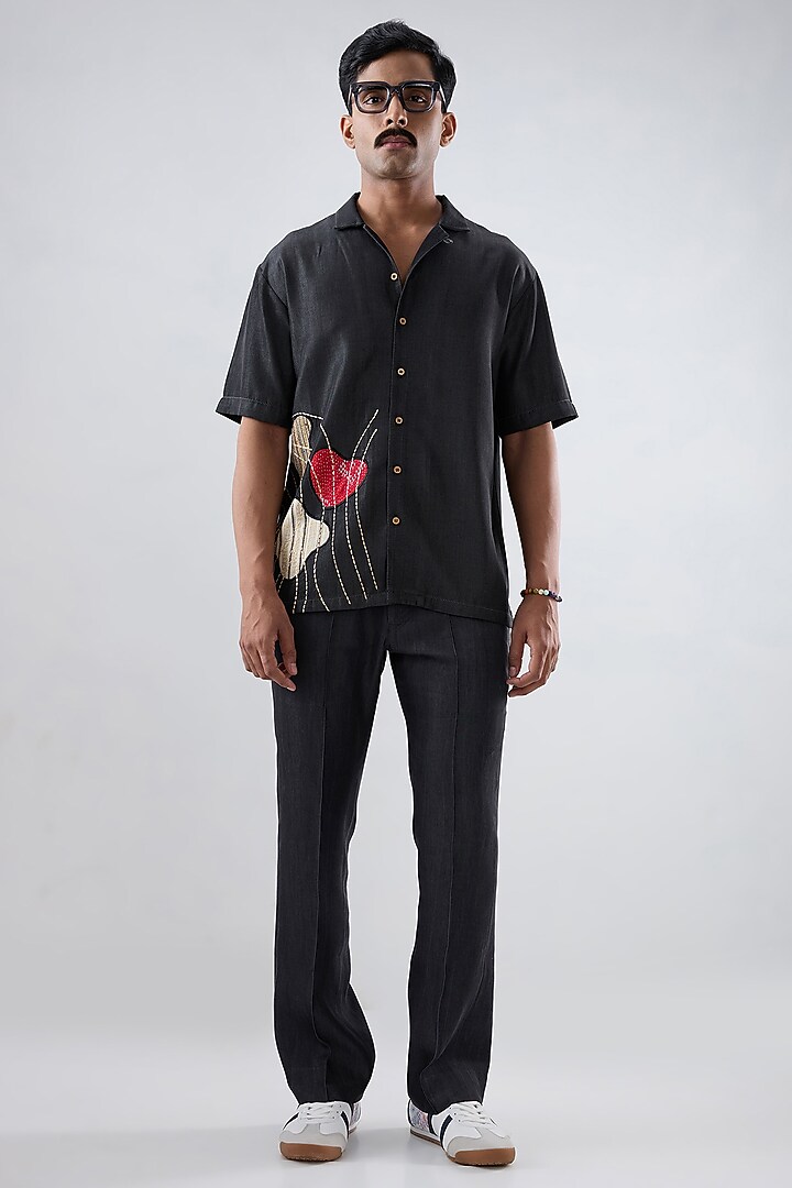 Black Tencel Denim Kantha Embroidered Summer Shirt by Raw & Rustic by Niti Bothra Men at Pernia's Pop Up Shop