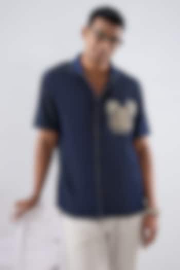 Dark Blue Tencel Denim Kantha Embroidered Summer Shirt by Raw & Rustic by Niti Bothra Men at Pernia's Pop Up Shop
