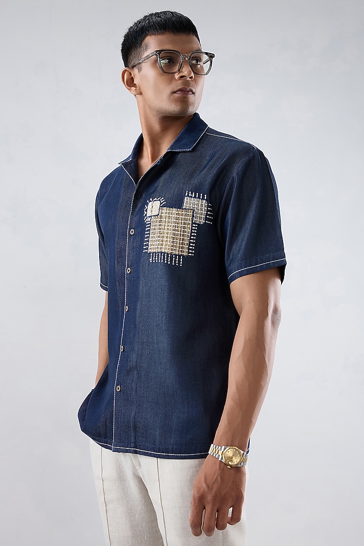 Dark Blue Tencel Denim Kantha Embroidered Summer Shirt by Raw & Rustic by Niti Bothra Men at Pernia's Pop Up Shop