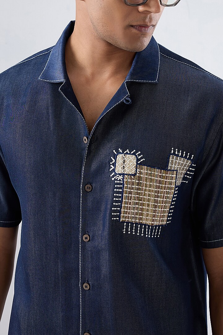 Dark Blue Tencel Denim Kantha Embroidered Summer Shirt by Raw & Rustic by Niti Bothra Men at Pernia's Pop Up Shop