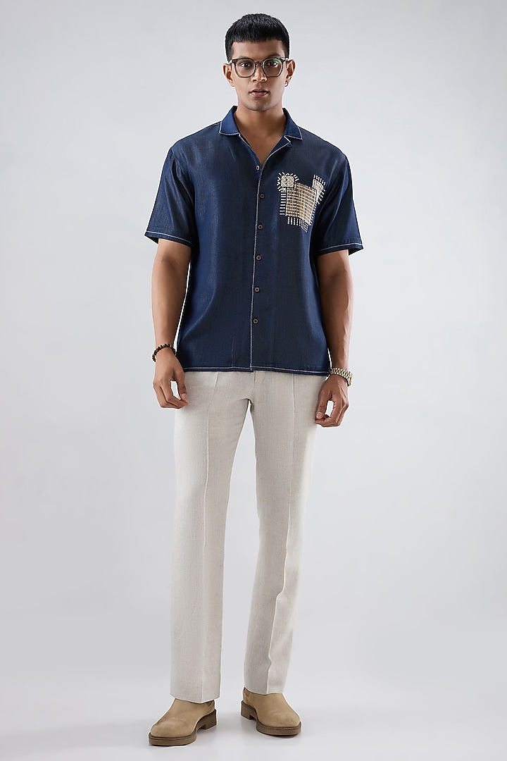 Dark Blue Tencel Denim Kantha Embroidered Summer Shirt by Raw & Rustic by Niti Bothra Men at Pernia's Pop Up Shop