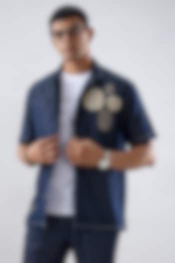 Dark Blue Tencel Denim Kantha Embroidered Summer Shirt by Raw & Rustic by Niti Bothra Men at Pernia's Pop Up Shop