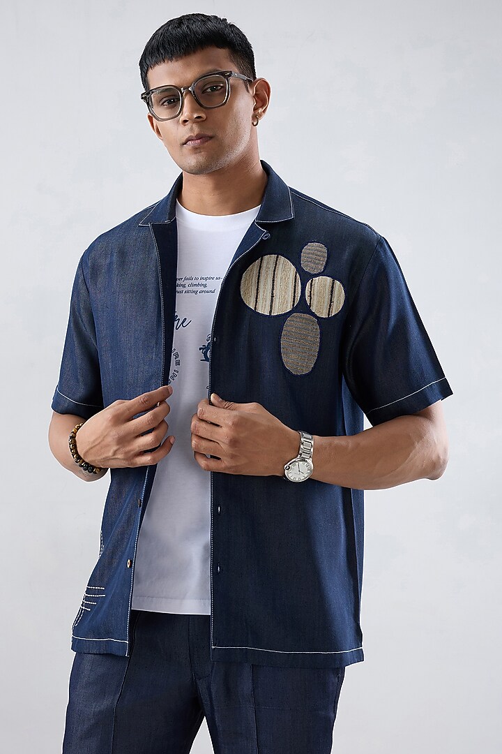 Dark Blue Tencel Denim Kantha Embroidered Summer Shirt by Raw & Rustic by Niti Bothra Men at Pernia's Pop Up Shop