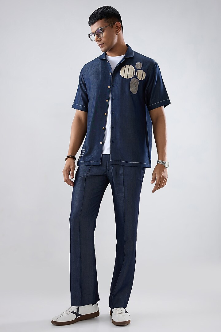 Dark Blue Tencel Denim Kantha Embroidered Summer Shirt by Raw & Rustic by Niti Bothra Men at Pernia's Pop Up Shop