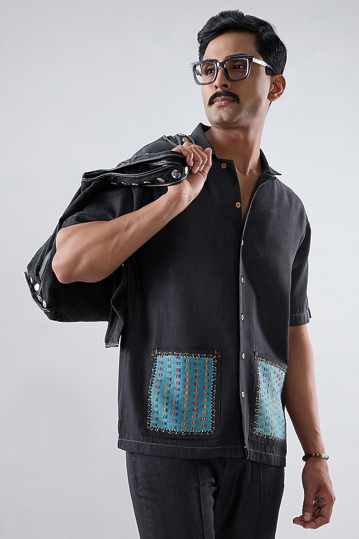 Black Tencel Denim Embroidered Summer Shirt by Raw & Rustic by Niti Bothra Men at Pernia's Pop Up Shop