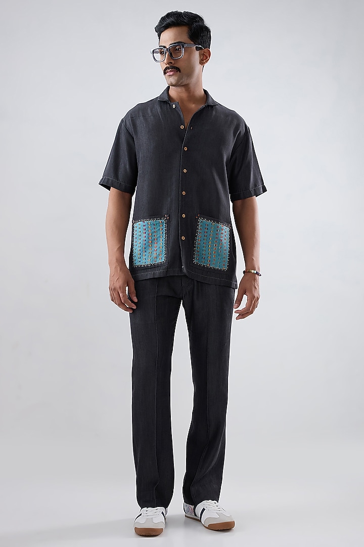 Black Tencel Denim Embroidered Summer Shirt by Raw & Rustic by Niti Bothra Men at Pernia's Pop Up Shop