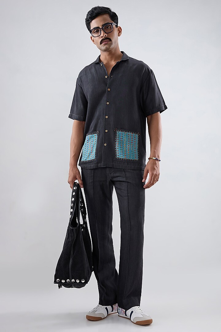 Black Tencel Denim Embroidered Summer Shirt by Raw & Rustic by Niti Bothra Men at Pernia's Pop Up Shop