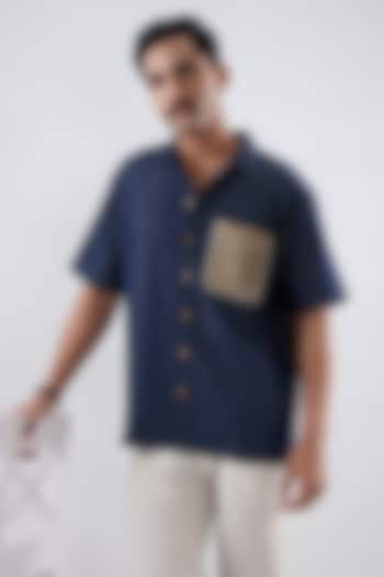 Dark Blue Tencel Denim Embroidered Summer Shirt by Raw & Rustic by Niti Bothra Men at Pernia's Pop Up Shop