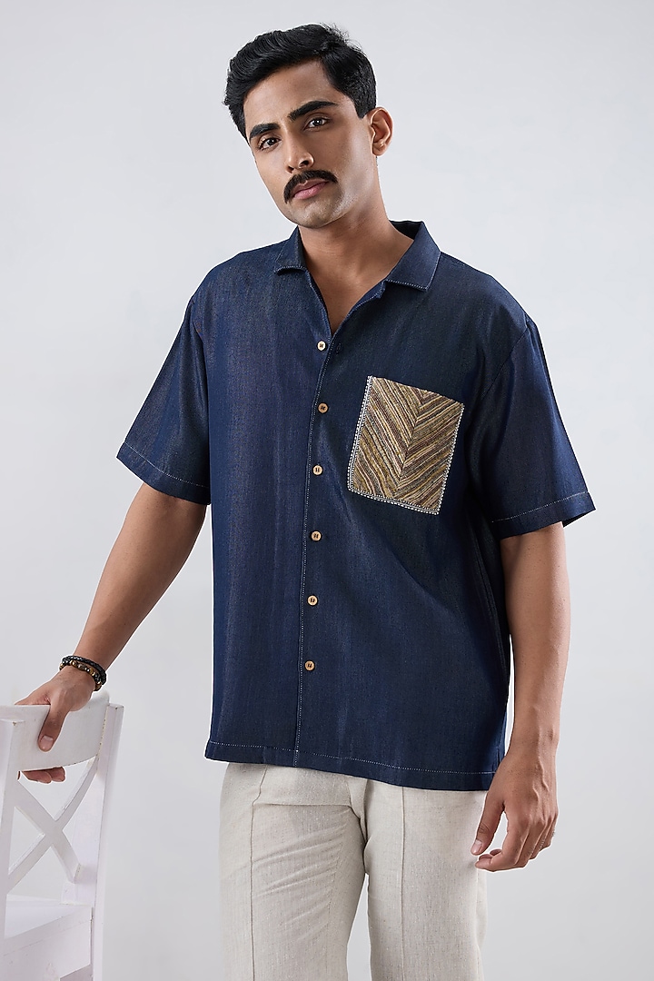 Dark Blue Tencel Denim Embroidered Summer Shirt by Raw & Rustic by Niti Bothra Men at Pernia's Pop Up Shop
