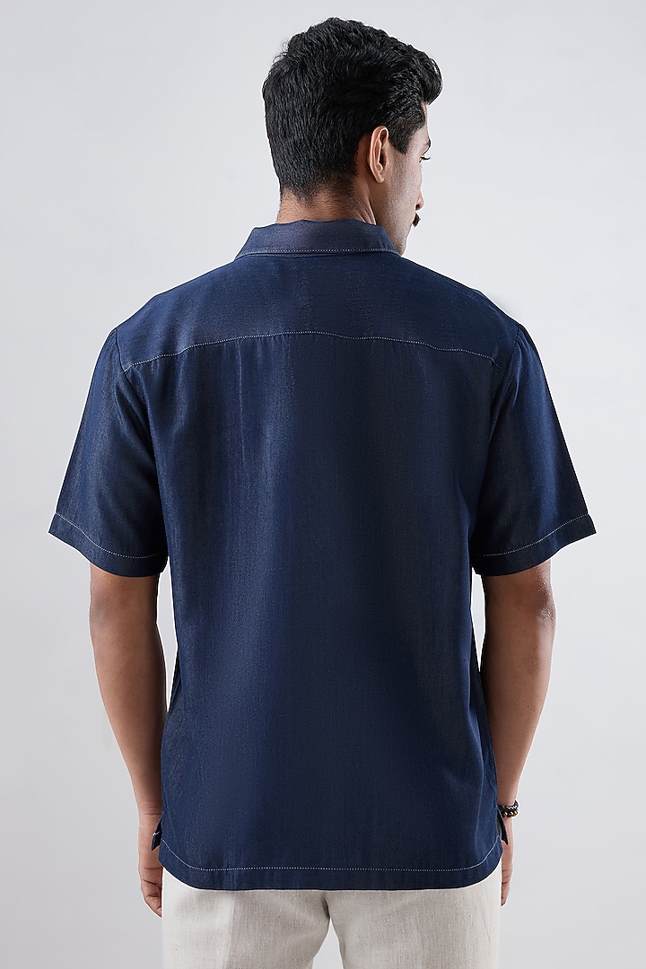 Dark Blue Tencel Denim Embroidered Summer Shirt by Raw & Rustic by Niti Bothra Men at Pernia's Pop Up Shop