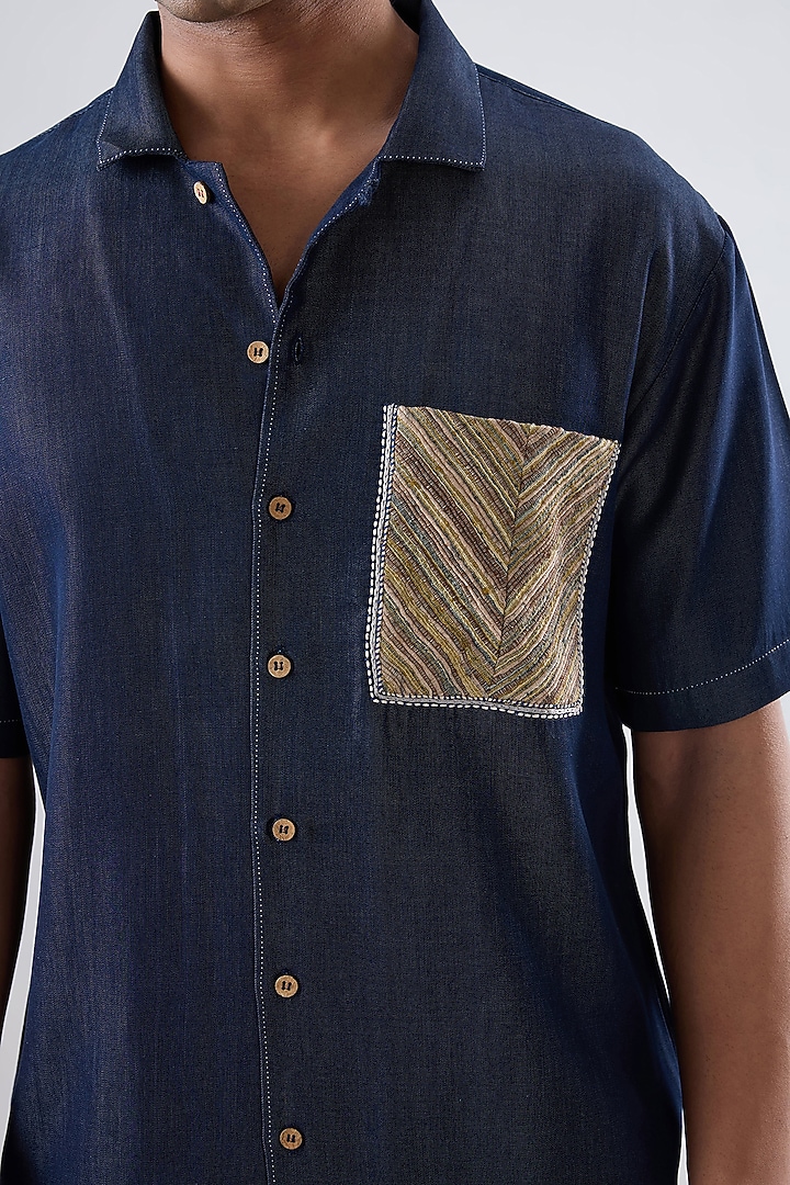 Dark Blue Tencel Denim Embroidered Summer Shirt by Raw & Rustic by Niti Bothra Men at Pernia's Pop Up Shop