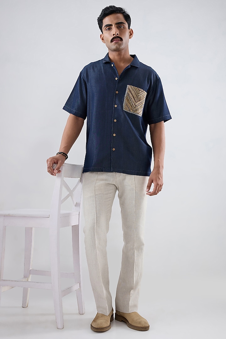Dark Blue Tencel Denim Embroidered Summer Shirt by Raw & Rustic by Niti Bothra Men at Pernia's Pop Up Shop