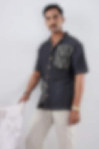 Black Tencel Denim Embroidered Summer Shirt by Raw & Rustic by Niti Bothra Men at Pernia's Pop Up Shop