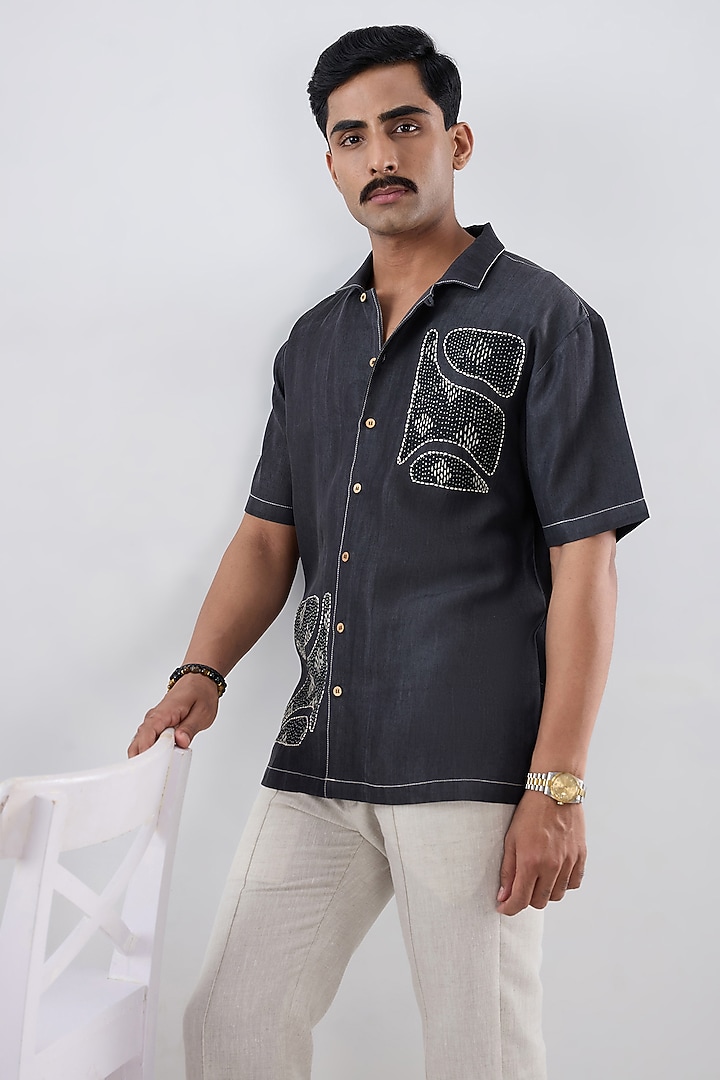Black Tencel Denim Embroidered Summer Shirt by Raw & Rustic by Niti Bothra Men at Pernia's Pop Up Shop