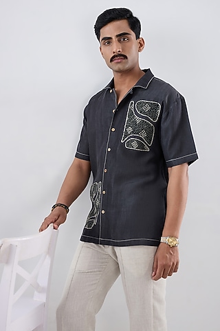 Black Tencel Denim Embroidered Shirt by Raw & Rustic by Niti Bothra Men