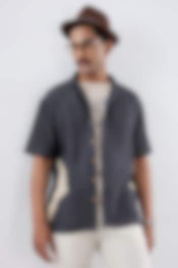 Black Tencel Denim Embroidered Summer Shirt by Raw & Rustic by Niti Bothra Men at Pernia's Pop Up Shop