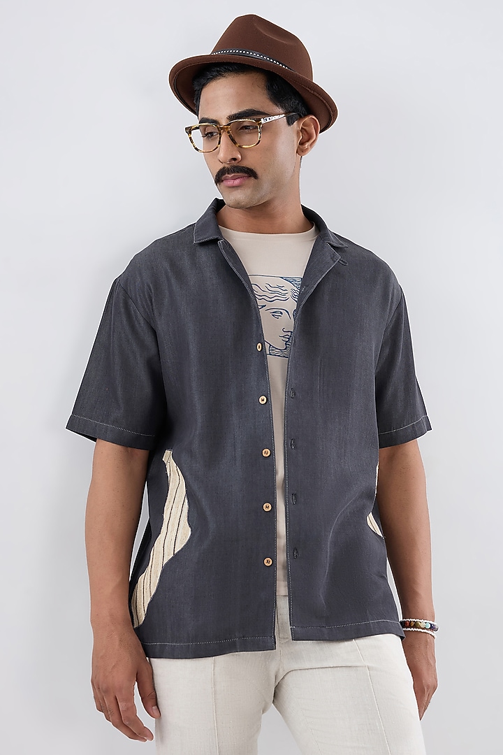 Black Tencel Denim Embroidered Summer Shirt by Raw & Rustic by Niti Bothra Men at Pernia's Pop Up Shop