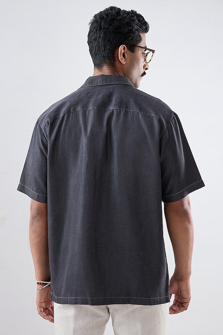 Black Tencel Denim Embroidered Summer Shirt by Raw & Rustic by Niti Bothra Men at Pernia's Pop Up Shop