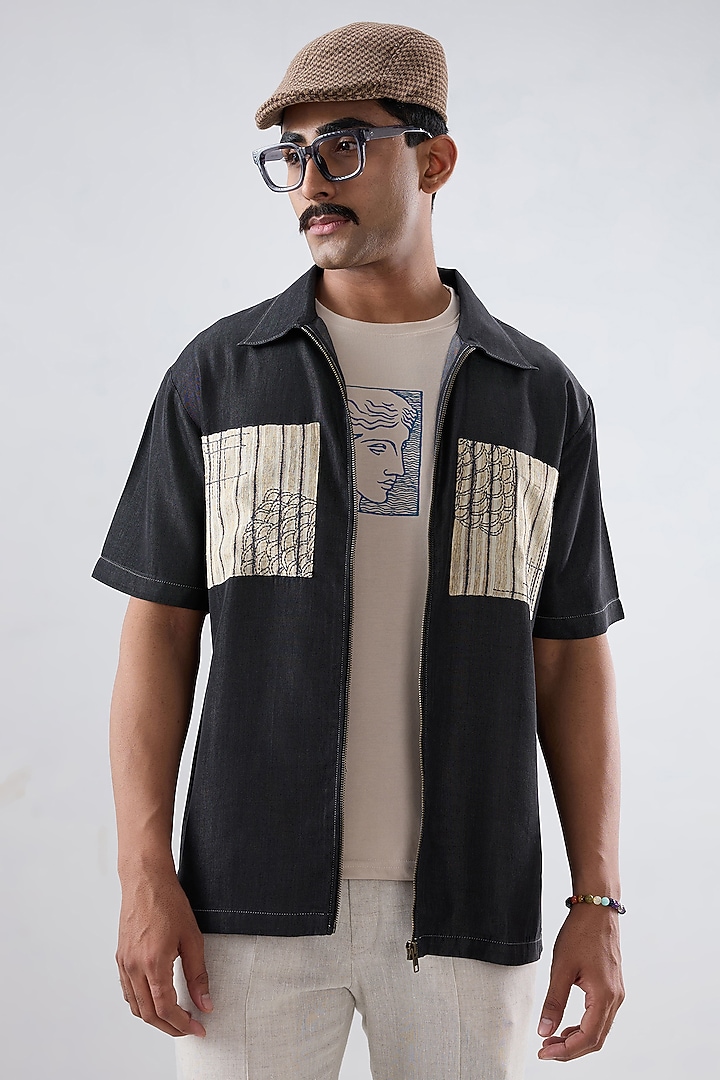 Black Tencel Denim Embroidered Summer Shirt by Raw & Rustic by Niti Bothra Men at Pernia's Pop Up Shop