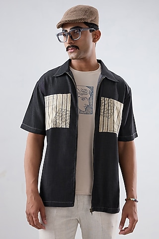 Black Tencel Denim Embroidered Shirt by Raw & Rustic by Niti Bothra Men