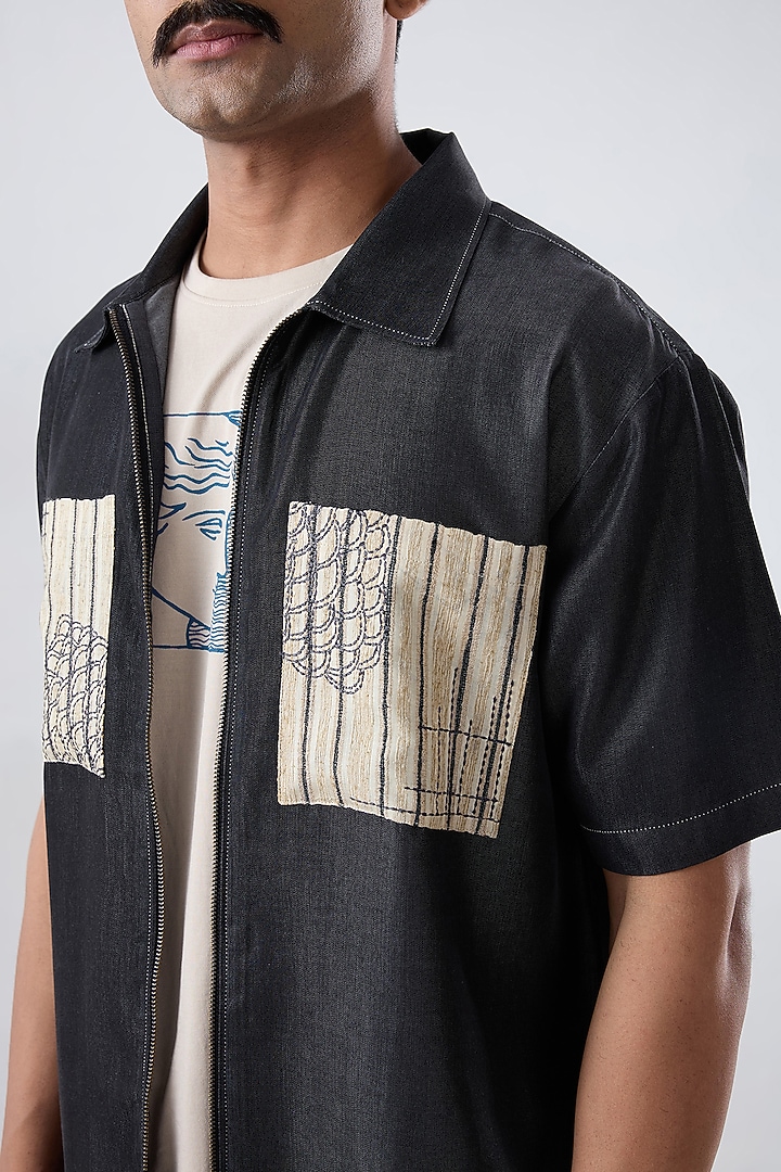 Black Tencel Denim Embroidered Summer Shirt by Raw & Rustic by Niti Bothra Men at Pernia's Pop Up Shop