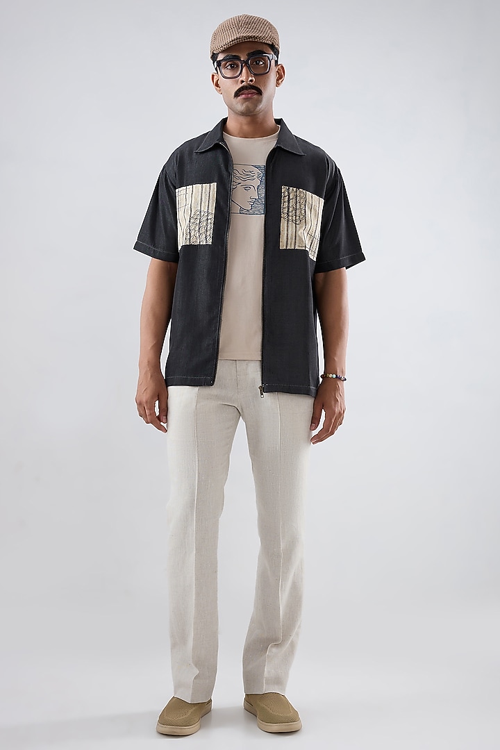 Black Tencel Denim Embroidered Summer Shirt by Raw & Rustic by Niti Bothra Men at Pernia's Pop Up Shop