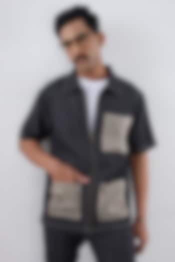 Black Tencel Denim Embroidered Summer Shirt by Raw & Rustic by Niti Bothra Men at Pernia's Pop Up Shop