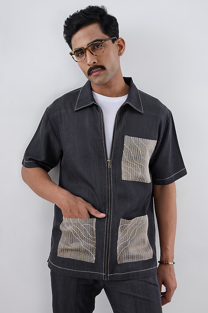 Black Tencel Denim Embroidered Summer Shirt by Raw & Rustic by Niti Bothra Men at Pernia's Pop Up Shop
