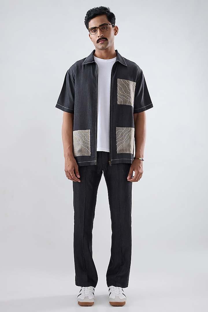 Black Tencel Denim Embroidered Summer Shirt by Raw & Rustic by Niti Bothra Men at Pernia's Pop Up Shop