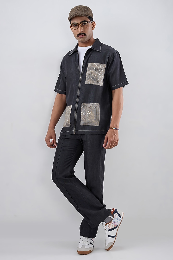 Black Tencel Denim Embroidered Summer Shirt by Raw & Rustic by Niti Bothra Men at Pernia's Pop Up Shop