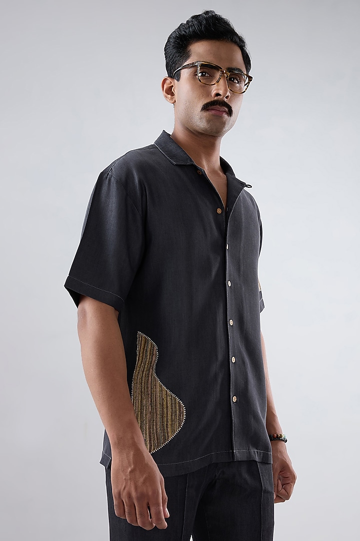 Black Tencel Denim Embroidered Summer Shirt by Raw & Rustic by Niti Bothra Men at Pernia's Pop Up Shop