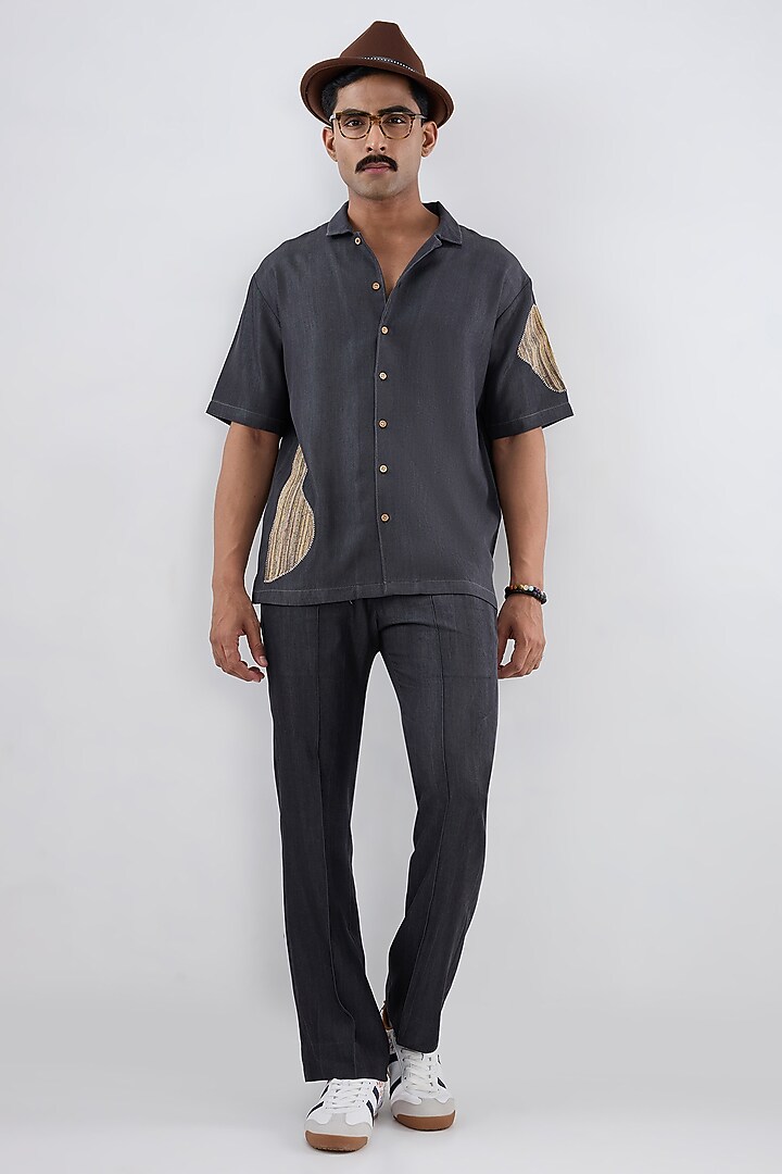 Black Tencel Denim Embroidered Summer Shirt by Raw & Rustic by Niti Bothra Men at Pernia's Pop Up Shop