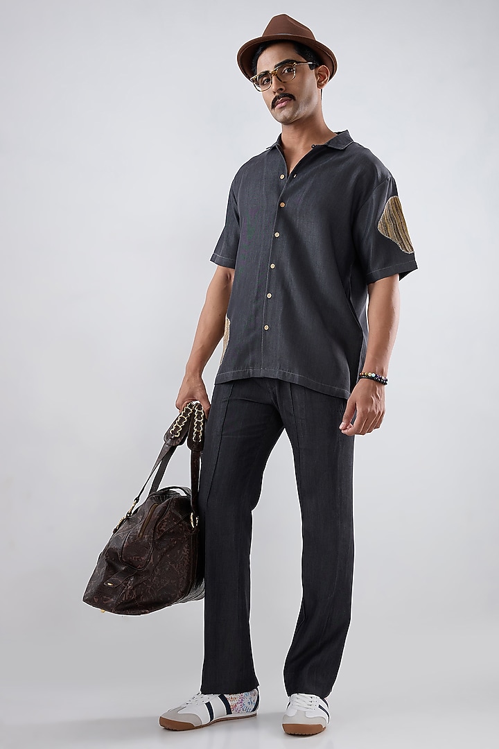 Black Tencel Denim Embroidered Summer Shirt by Raw & Rustic by Niti Bothra Men at Pernia's Pop Up Shop