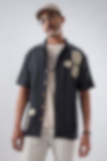 Black Tencel Denim Embroidered Summer Shirt by Raw & Rustic by Niti Bothra Men at Pernia's Pop Up Shop