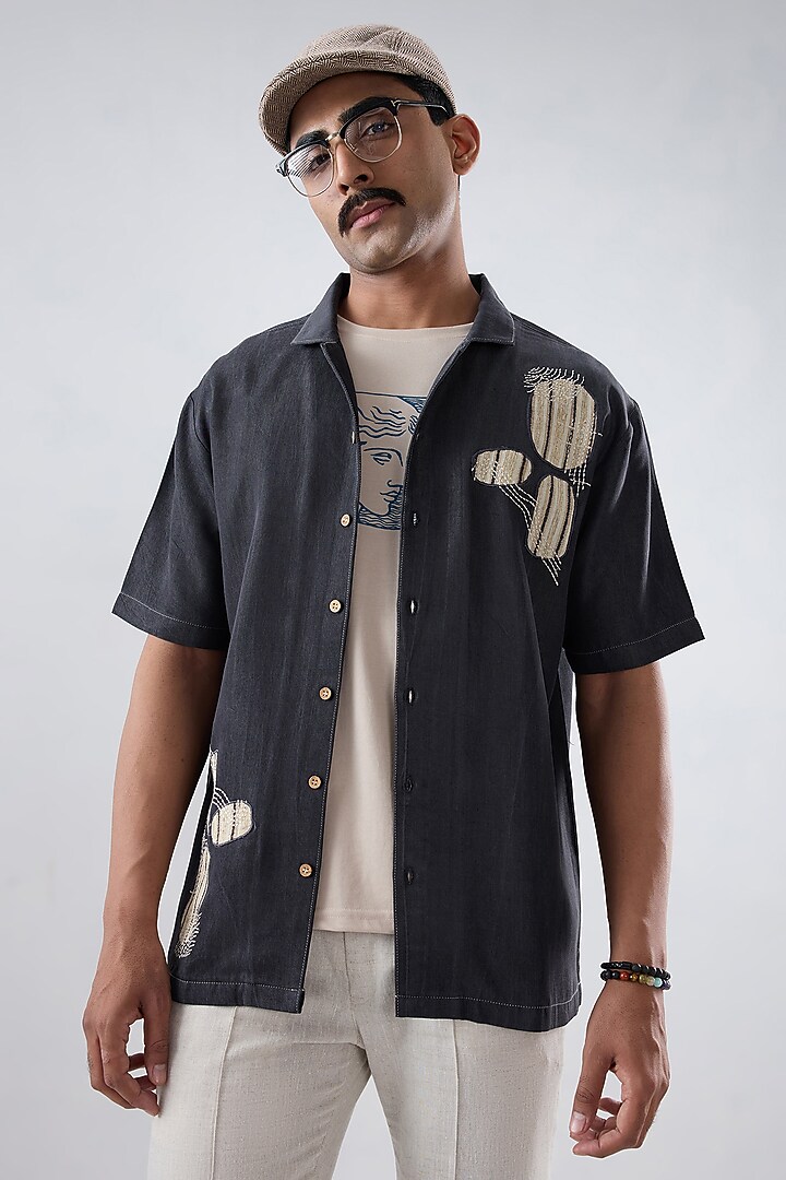 Black Tencel Denim Embroidered Summer Shirt by Raw & Rustic by Niti Bothra Men at Pernia's Pop Up Shop