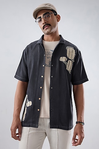 Black Tencel Denim Embroidered Shirt by Raw & Rustic by Niti Bothra Men