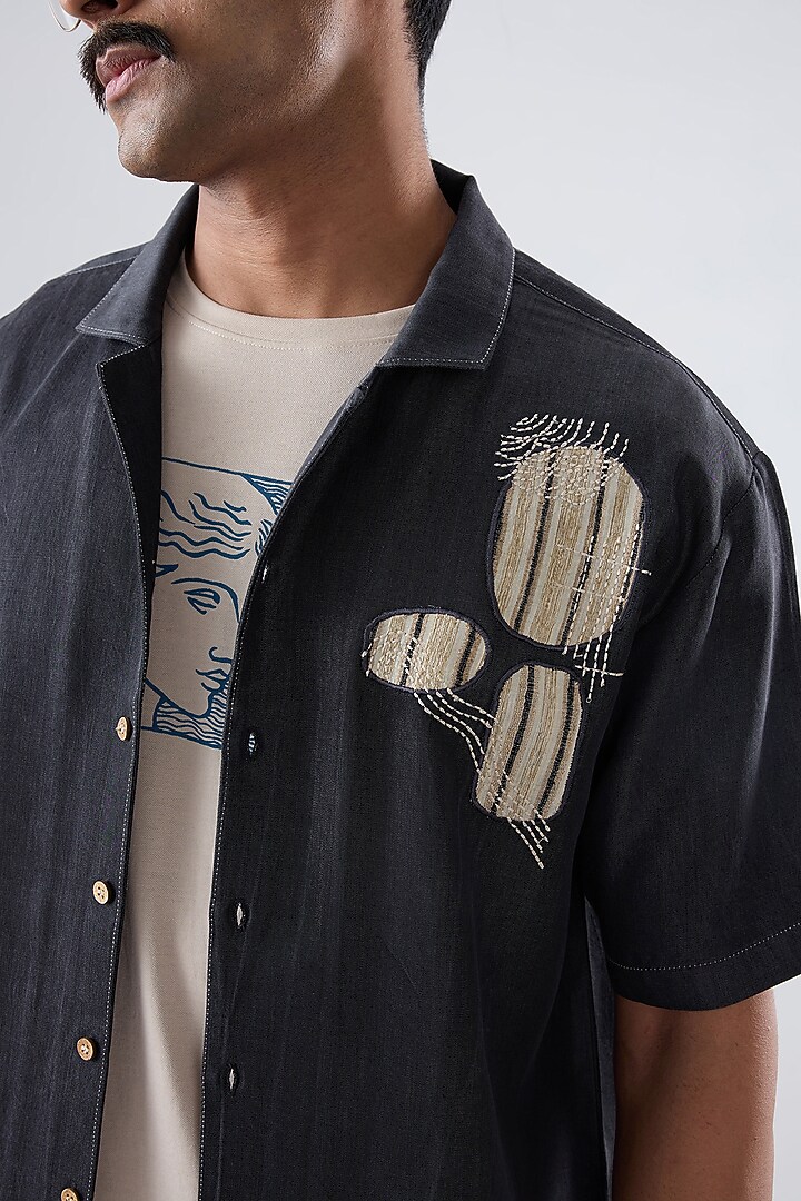 Black Tencel Denim Embroidered Summer Shirt by Raw & Rustic by Niti Bothra Men at Pernia's Pop Up Shop