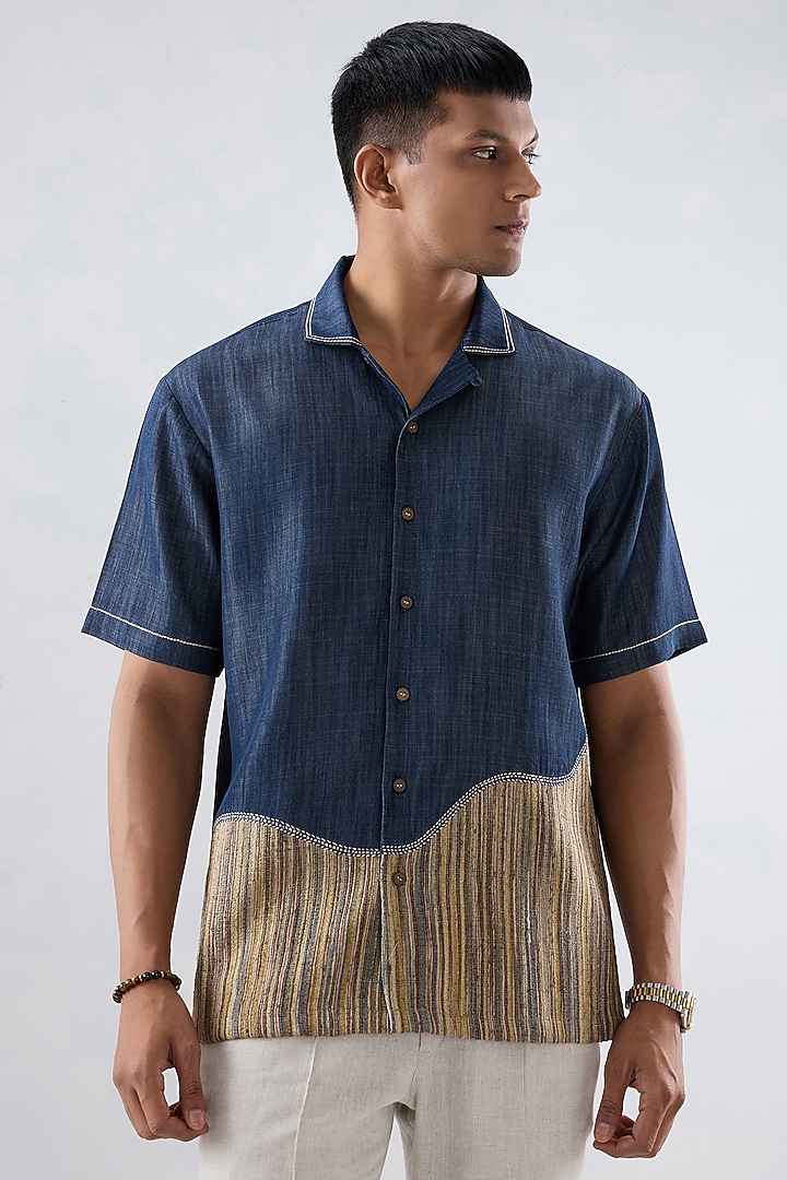 Dark Blue Tencel Denim Embroidered Summer Shirt by Raw & Rustic by Niti Bothra Men at Pernia's Pop Up Shop