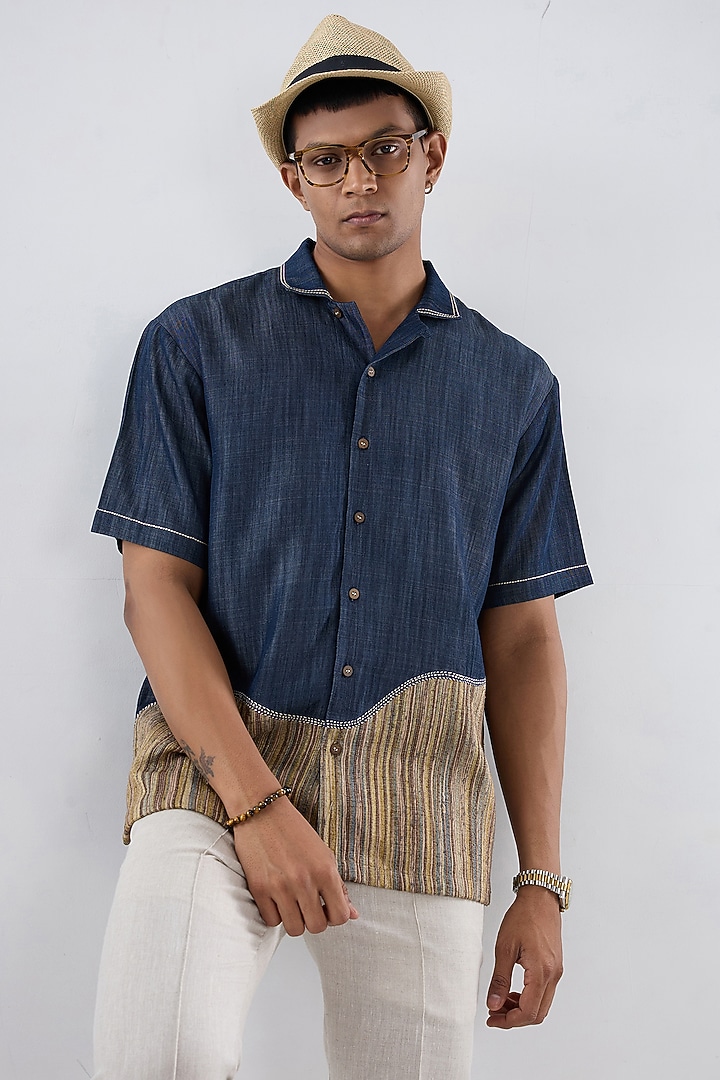 Dark Blue Tencel Denim Embroidered Summer Shirt by Raw & Rustic by Niti Bothra Men at Pernia's Pop Up Shop