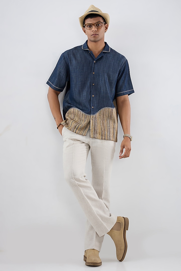 Dark Blue Tencel Denim Embroidered Summer Shirt by Raw & Rustic by Niti Bothra Men at Pernia's Pop Up Shop